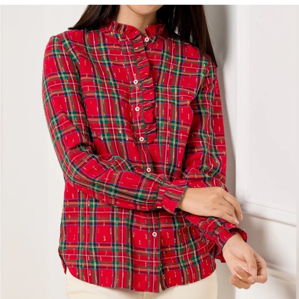Talbots red plaid flannel shirt ruffled collar metallic threading NWT size large